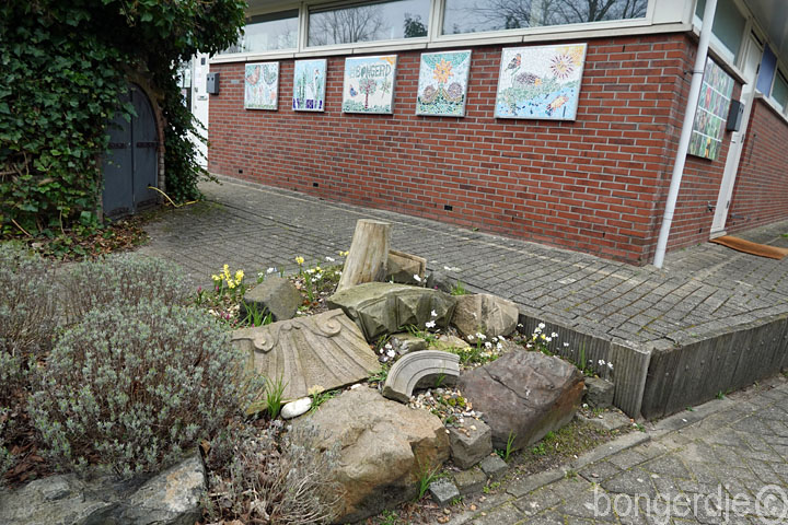 het rotstuintje bij het clubhuis met monumetale brokstukken en rotsplantjes